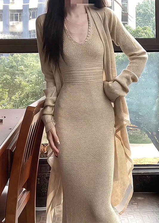 Apricot O-neck Halter Tunic Knit Cardigans and Long Dress Two Piece Set Fall
