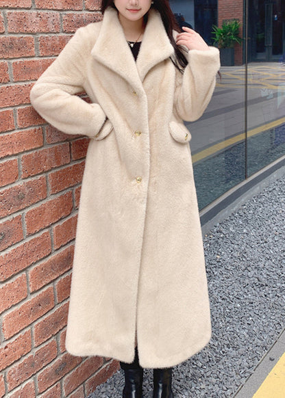 Beige Notched Button Thick Leather and Fur Long Coats Winter