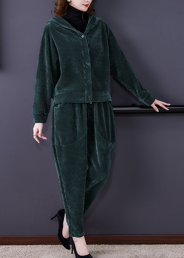 Loose Green Button Hooded Corduroy Coats and Harem Pants Two Pieces Set Long Sleeve