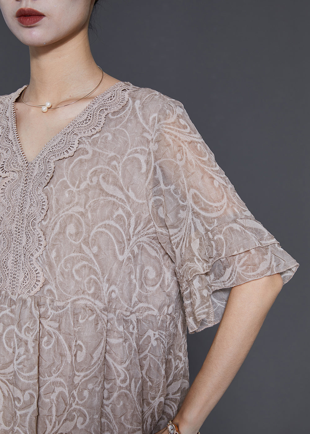 Khaki Jacquard Patchwork Lace Two Pieces Set Summer