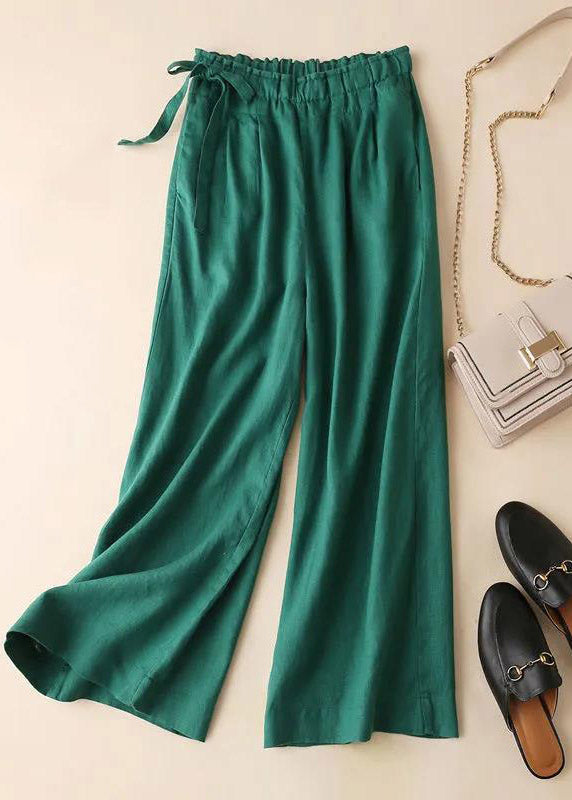 Loose Green Pockets Drawstring Linen Straight Pants Summer