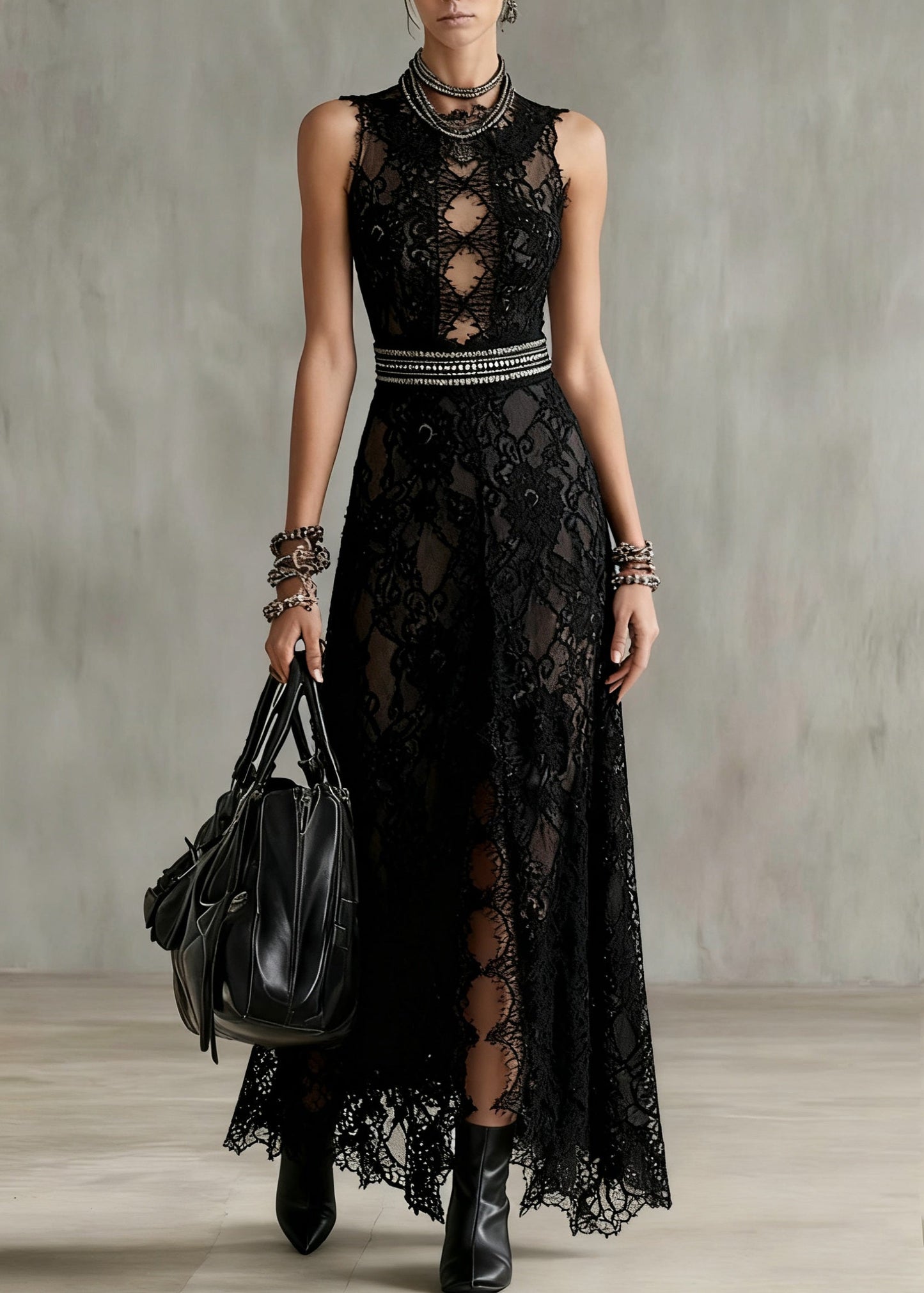 Black Hollow Out Side Open Lace Long Dresses Sleeveless Summer