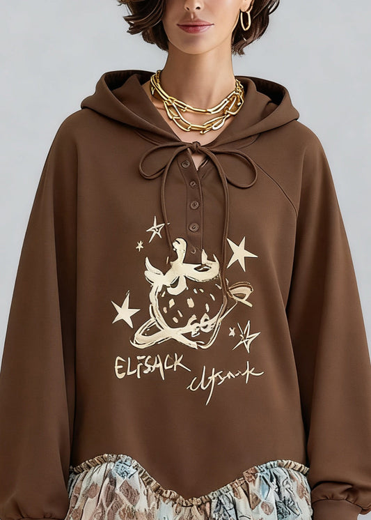 Coffee Hooded Print Tulle Patchwork Sweatshirt Dresses Spring