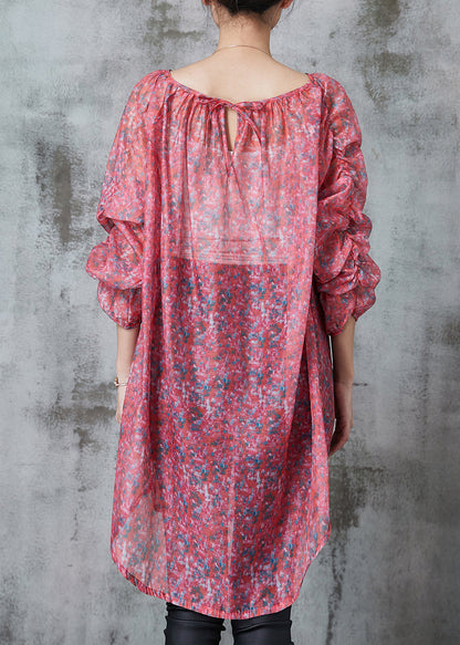 Boutique Red Print Linen Silk Upf 50+ Long Tops Spring