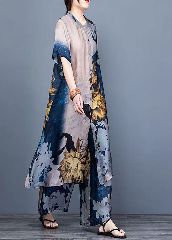 Blue Stand Collar Draping Print Silk Long Shirt and Wide Leg Pants Two Piece Suit Set Summer