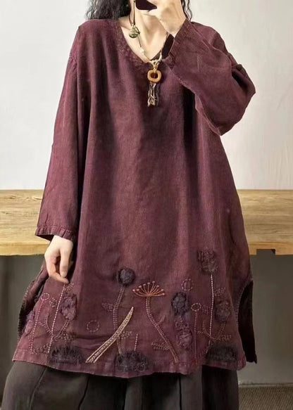 Mulberry V Neck Embroideried Patchwork Linen Mid Dresses Fall