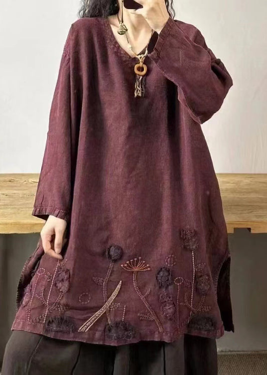 Mulberry V Neck Embroideried Patchwork Linen Mid Dresses Fall