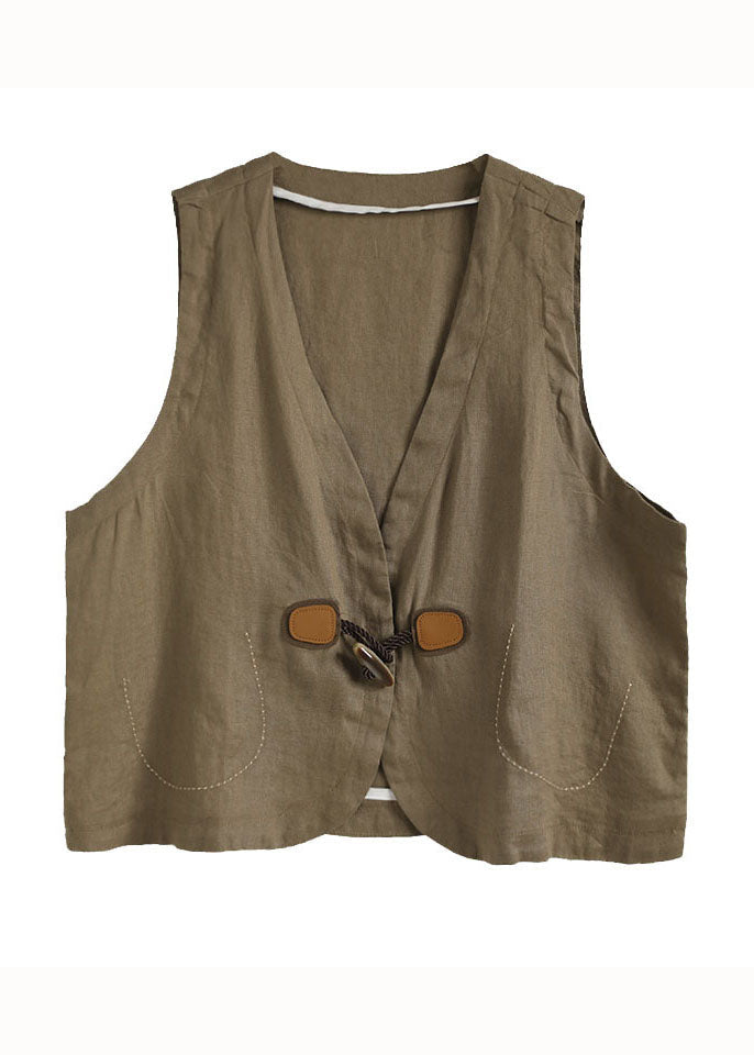 Khaki V Neck Button Patchwork Linen Vest Sleeveless