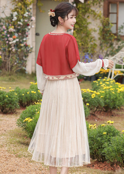Chinese Style Red Embroideried Tops and Pleated Skirt Chiffon Two Pieces Set Long Sleeve