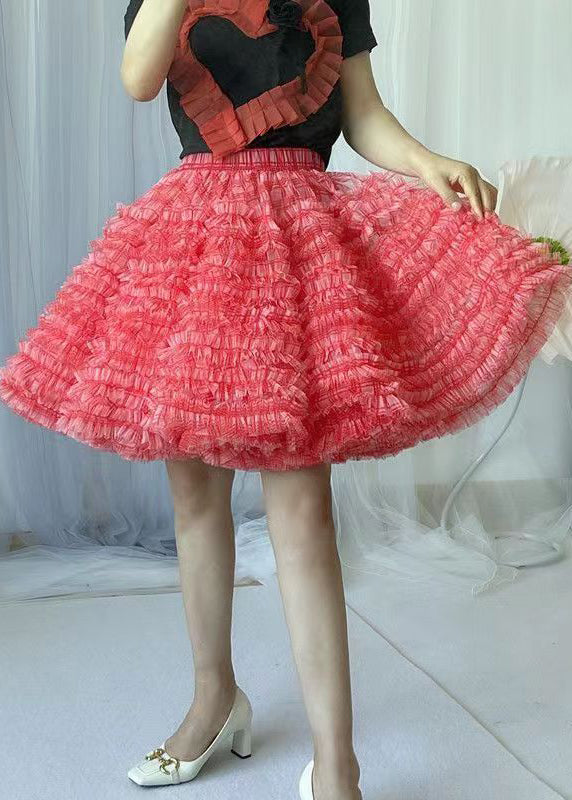 Red Layered Ruffled Patchwork Tulle Skirts Summer