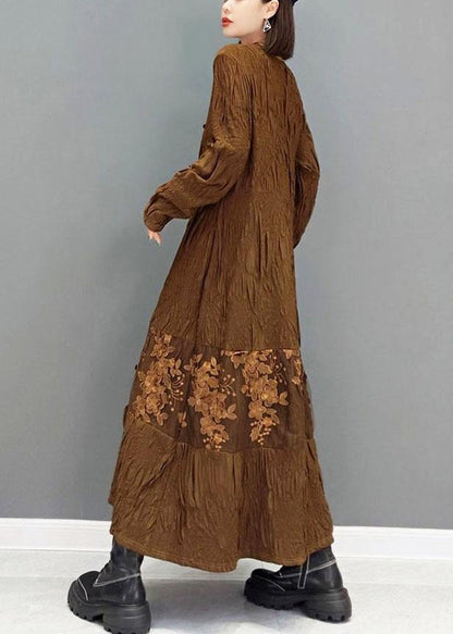 Brown O-neck Button Embroideried Ankle Dress Fall Long Sleeve