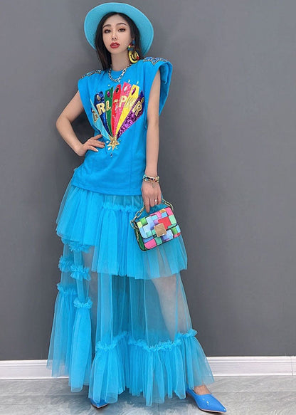 French Blue Applique Ruffled Patchwork Tank Top and Handmade Tulle Skirt Two Pieces Set Summer