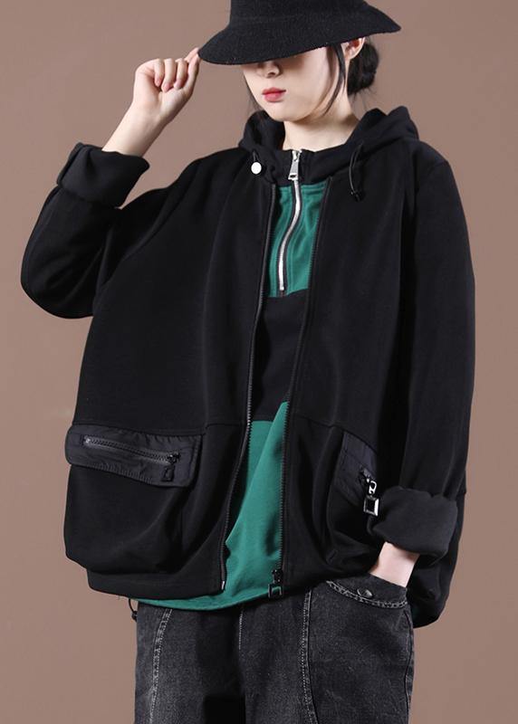 Italian Black Zippered Hooded Coat Spring