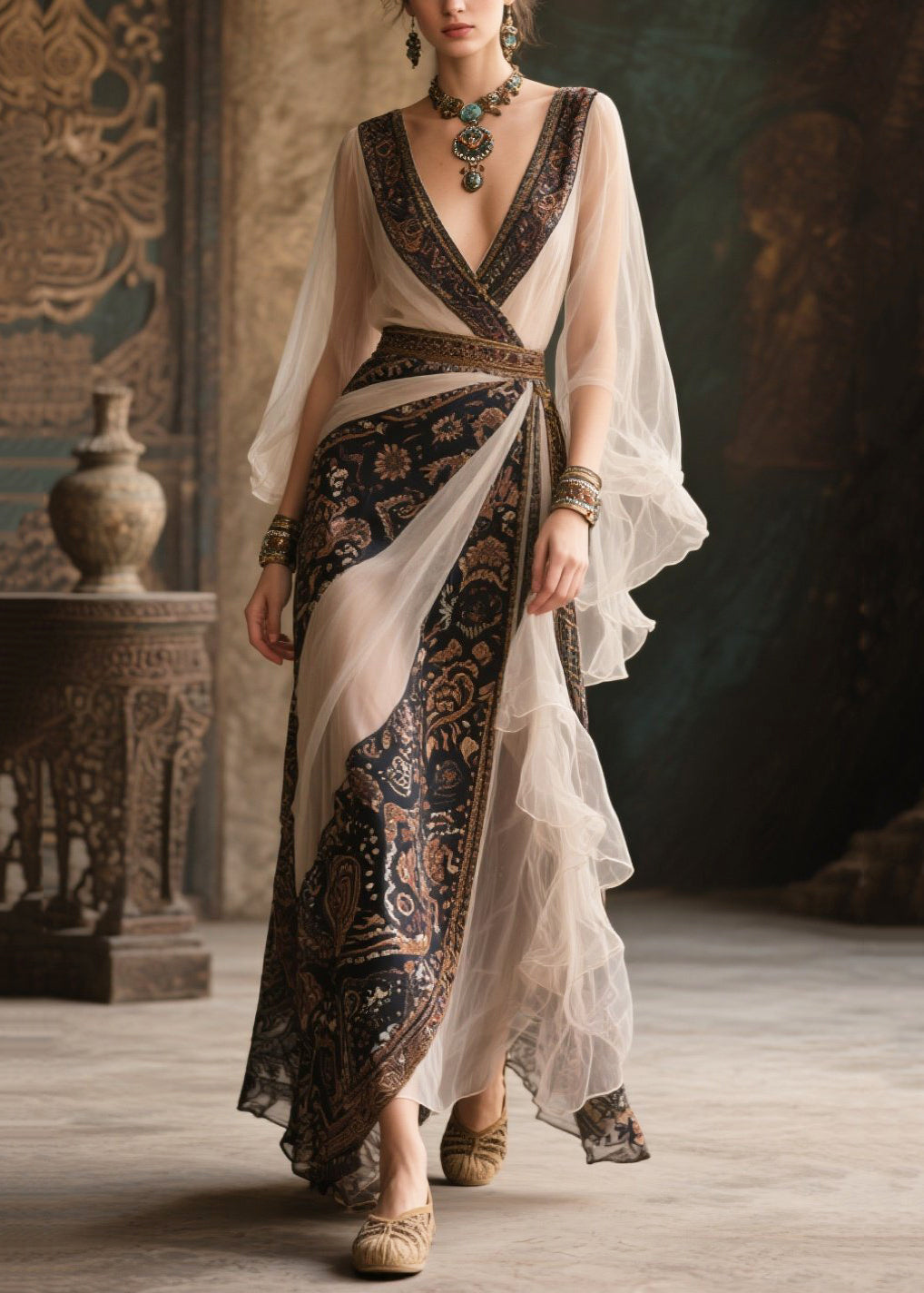 French Colorblock Asymmetrical Patchwork Tulle Dinner Dress Fall