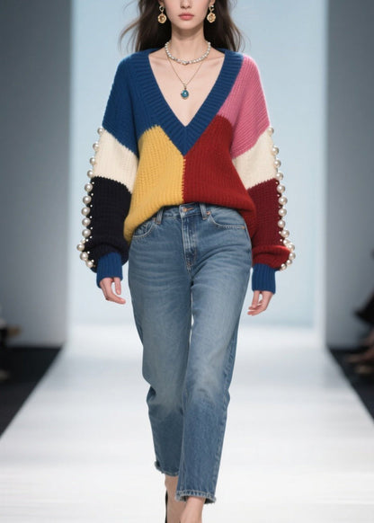 Colorblock Nail Bead Patchwork Knit Pullover Fall
