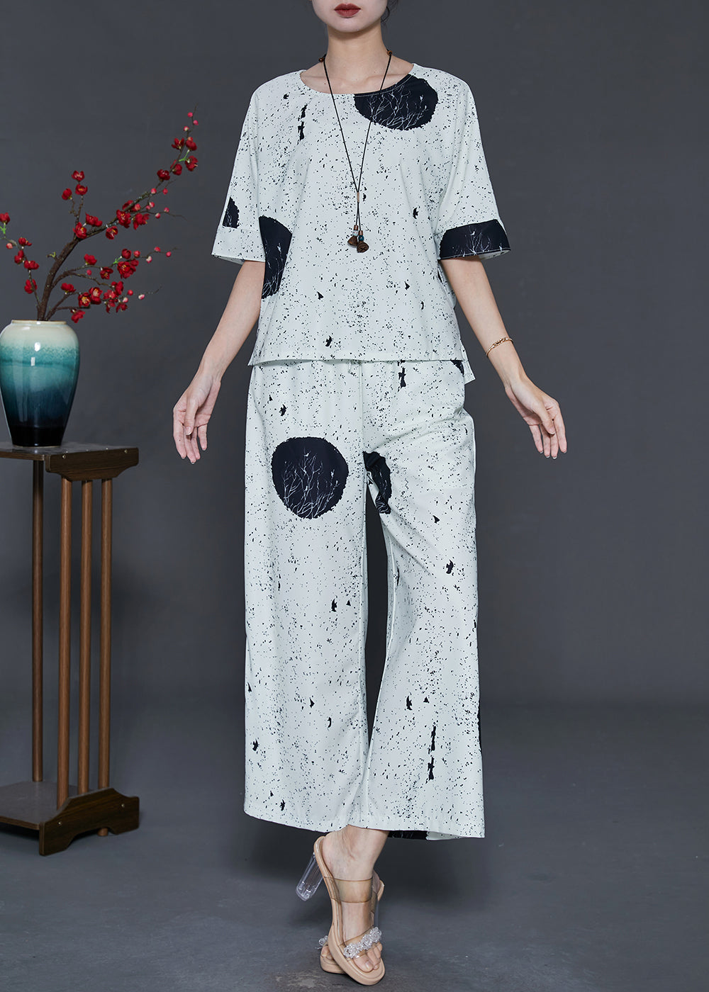Modern White Oversized Print Chiffon Two Pieces Set Summer