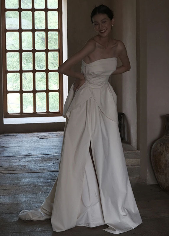 Simple White Bustier Top Flattering Satin Long Dresses Sleeveless Summer