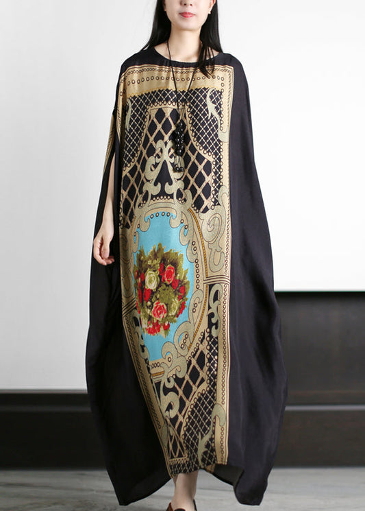 Original Loose Black O-neck Yellow Print Silk Maxi Dresses Batwing Sleeve