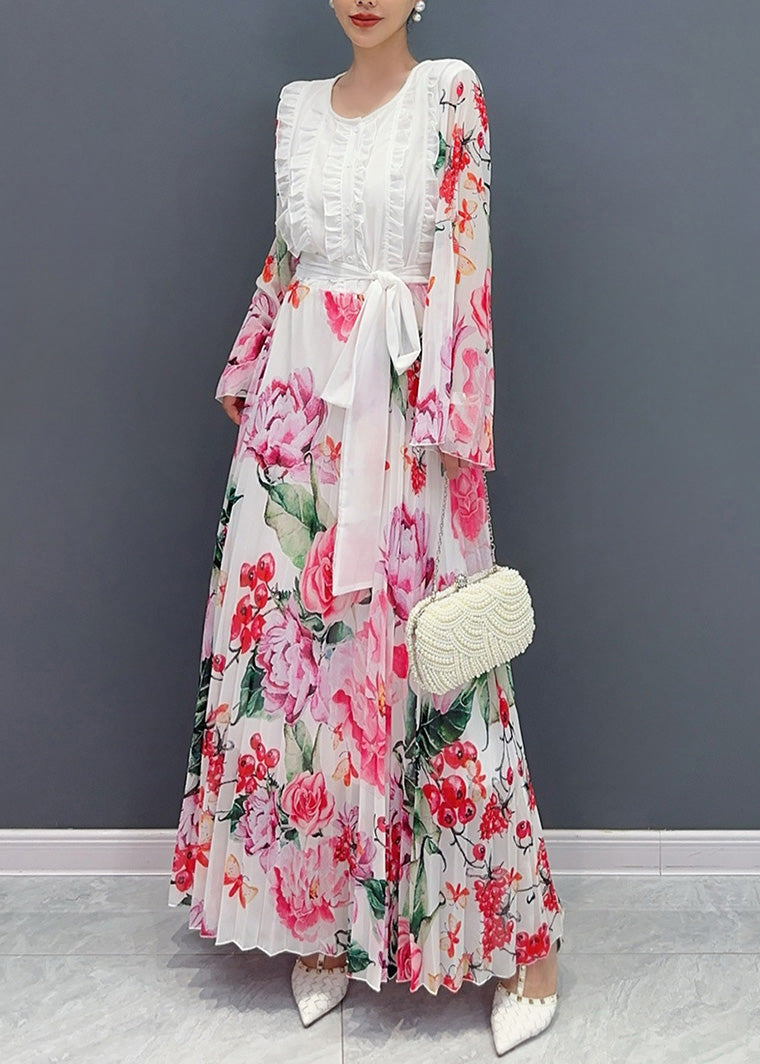White O-neck Ruffled Patchwork Tie Waist Chiffon Long Dress Long Sleeve