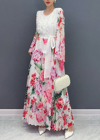 White O-neck Ruffled Patchwork Tie Waist Chiffon Long Dress Long Sleeve