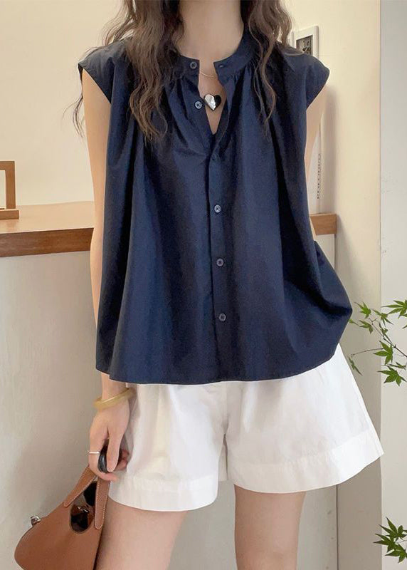 Red O Neck Button Cotton Blouses Sleeveless