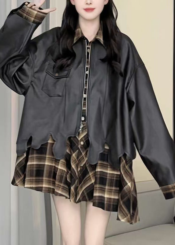Plaid Patchwork False Two Pieces Faux Leather Coat Spring