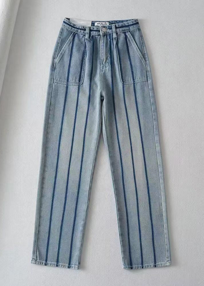 Blue High Waist Striped Patchwork Jeans Spring