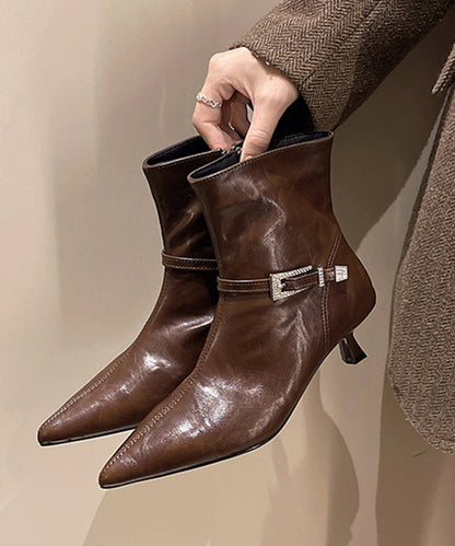 Splicing High Heel Boots Brown Faux Leather Pointed Toe