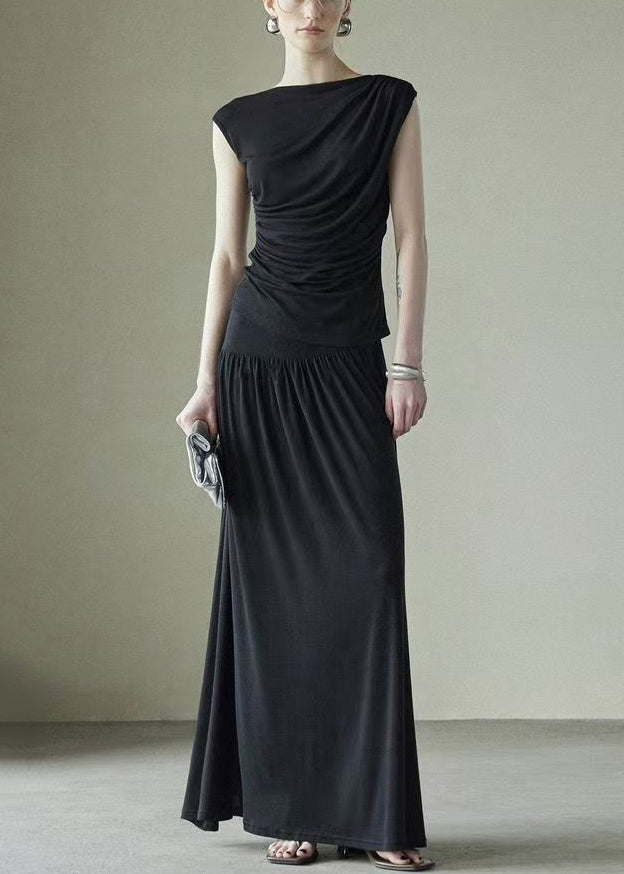 New Black Wrinkled Silk Cotton Two Piece Set Sleeveless