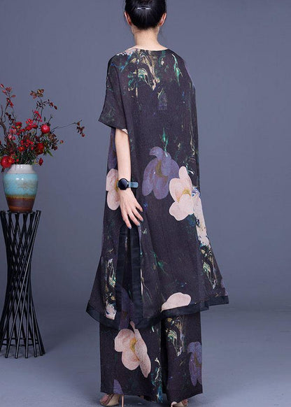 Diy Black Print Silk Side Open Wide Leg Two Pieces Set