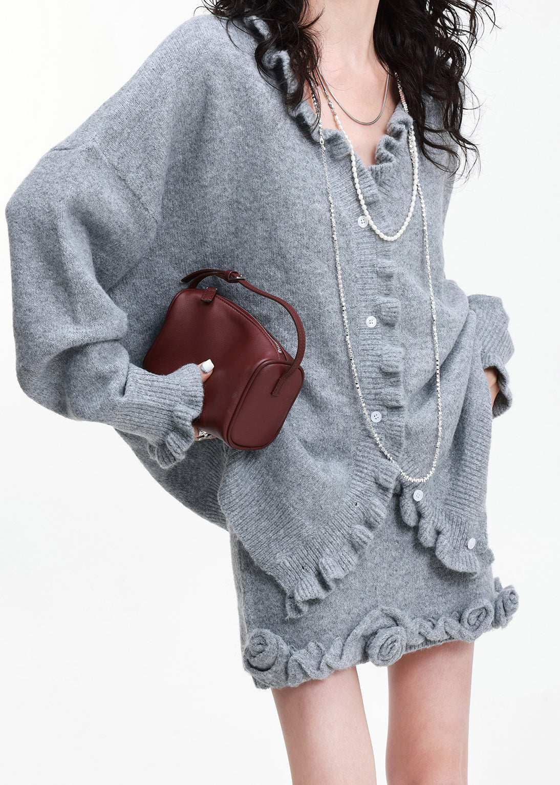 Grey Ruffled Flower Decorated Knit Cardigan and Skirt 2 Piece Outfit Winter