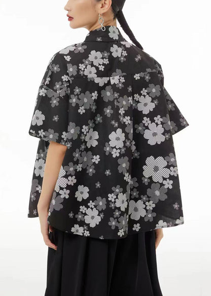 White Peter Pan Collar Print Cotton Shirts Summer