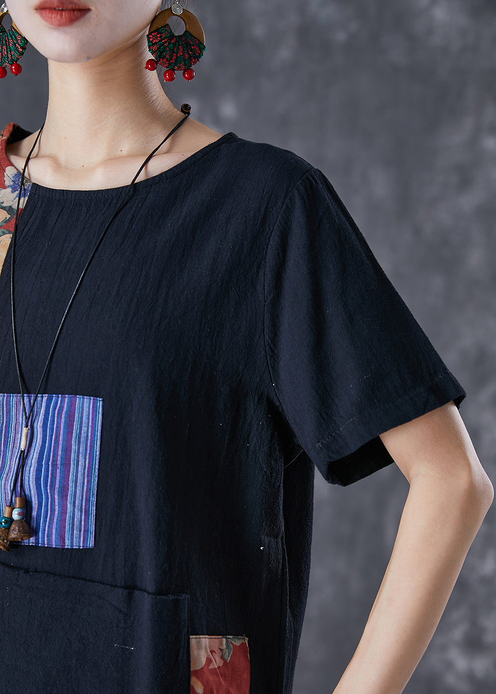 Black Oversized Patchwork Applique Cotton Tanks Summer