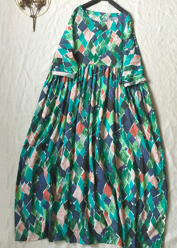 Green O Neck Print Wrinkled Cotton Dresses Summer