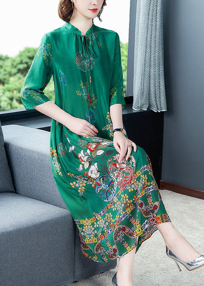 Dinner Green Stand Collar Neck Tie Print Silk Maxi Dresses Long Sleeve