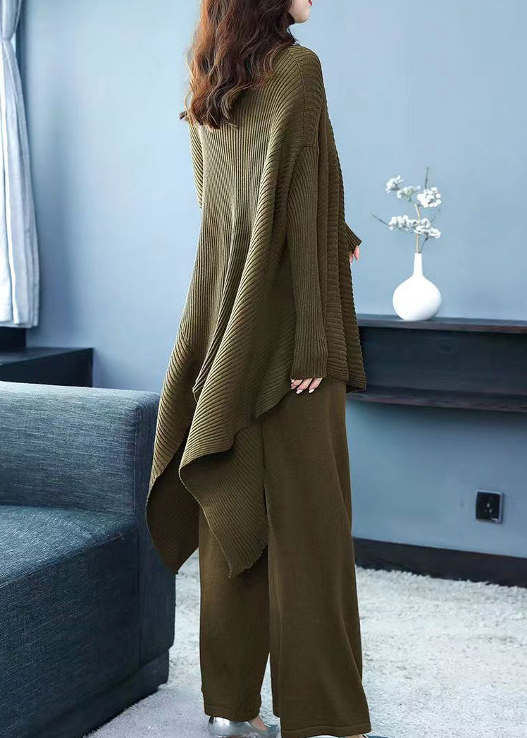 Blackish Green Hign Neck Patchwork Woolen Two Piece Suit Set Fall