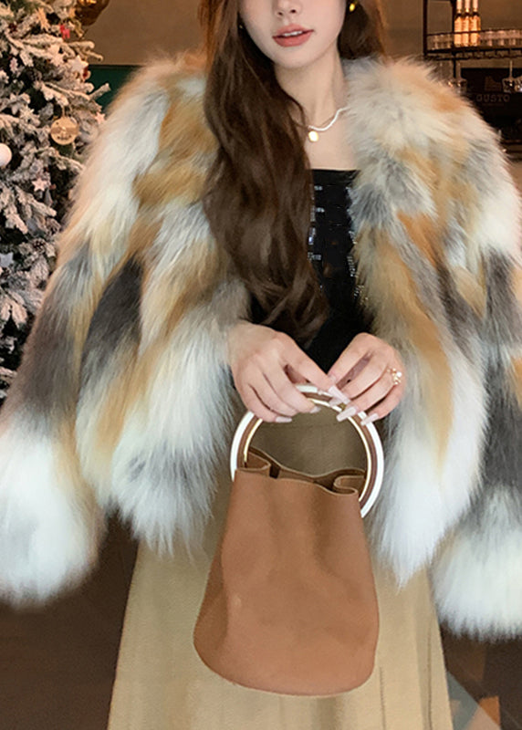 Unique Photo Color V Neck Print Leather and Fur Coats Spring