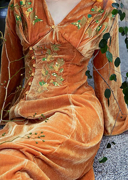 Classy Brown V Neck Embroideried Patchwork Velour Dress Fall