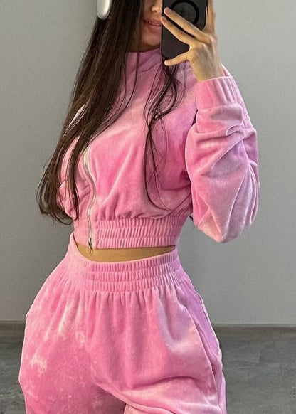 Loose Pink Zip Up Elastic Waist Coat and Pants Silk Velvet Two-piece Set Spring