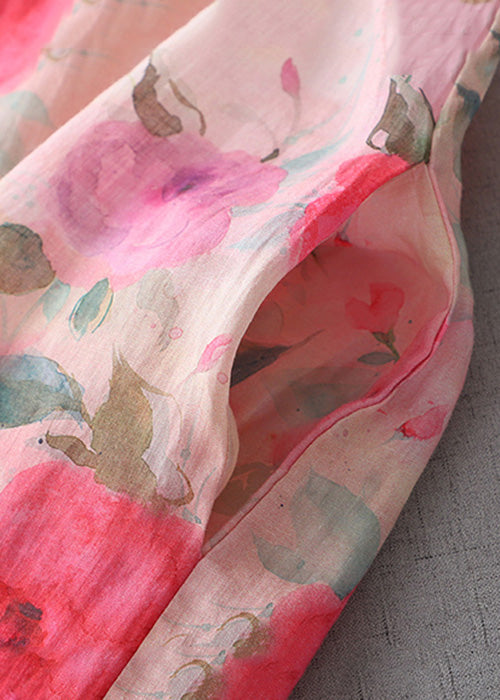 Print O-neck Button Cotton Mid Dress Half Sleeve