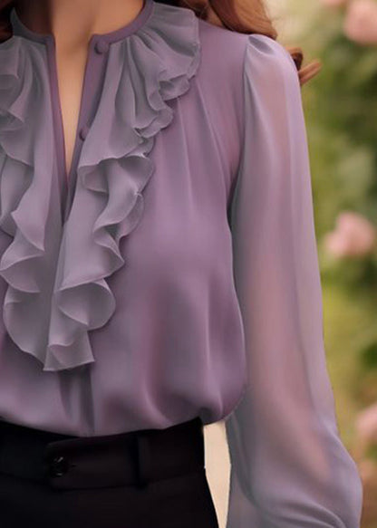 Unique Purple O-neck Ruffled Chiffon Shirt Bracelet Sleeve
