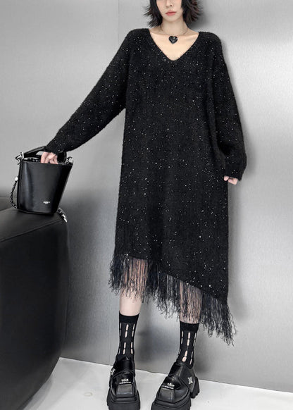 Black Asymmetrical Tulle Patchwork Sequins Cotton Knit Sweater Dress Fall