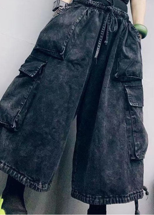 Black Cinched Pockets Denim Pants Spring
