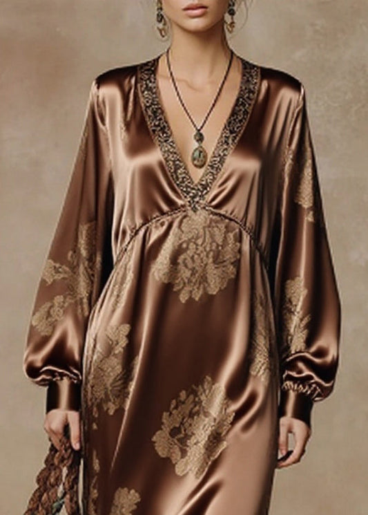 Coffee V Neck Tasseled Print Silk Long Dresses Spring