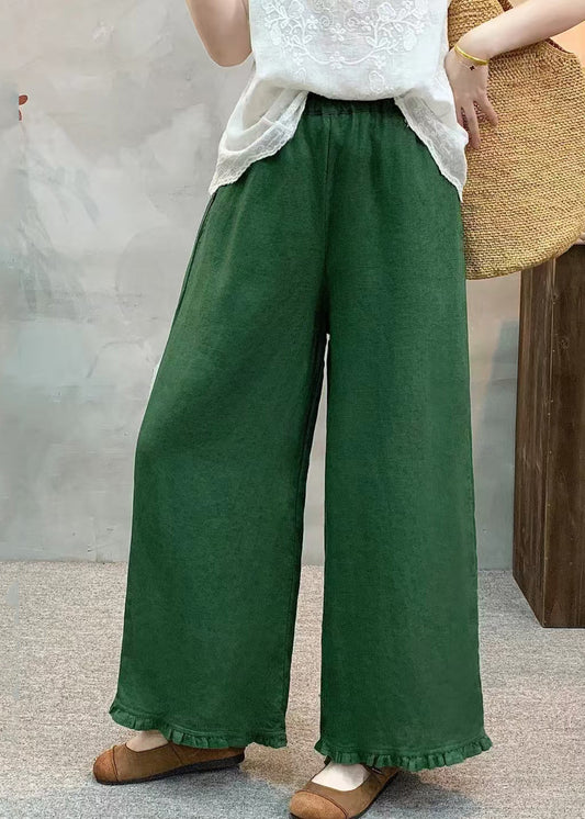 Green Ruffled Linen Wide Leg Pants Summer