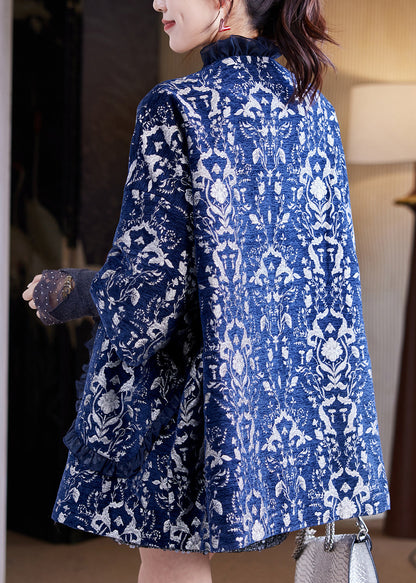 Jacquard Navy Blue Pockets Thick Coat Three Quarter Sleeve Sleeve