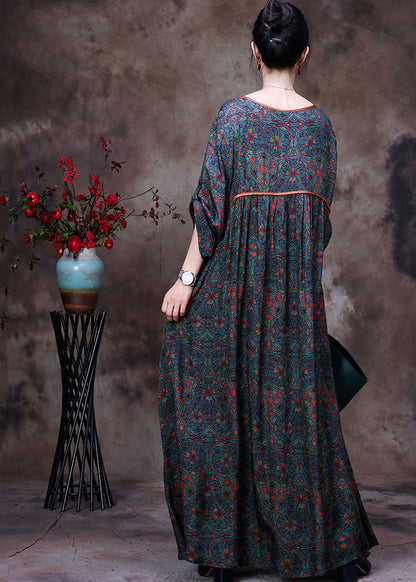 Green O-neck Patchwork Print Exra Large Hem Silk Maxi Dresses Long Sleeve