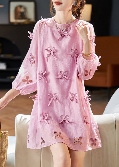 Style Light Purple O Neck Bow Zircon Chiffon Two Piece Set Mid Dress Summer