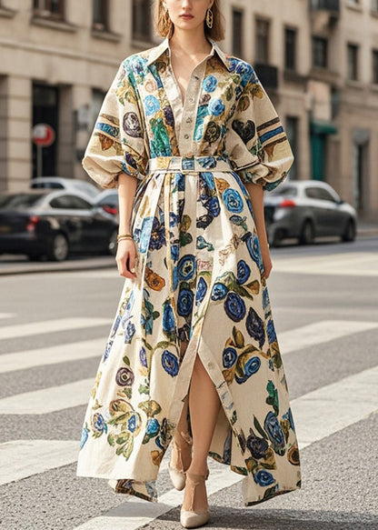 Khaki Oversized Print Cotton Long Dress Lantern Sleeve