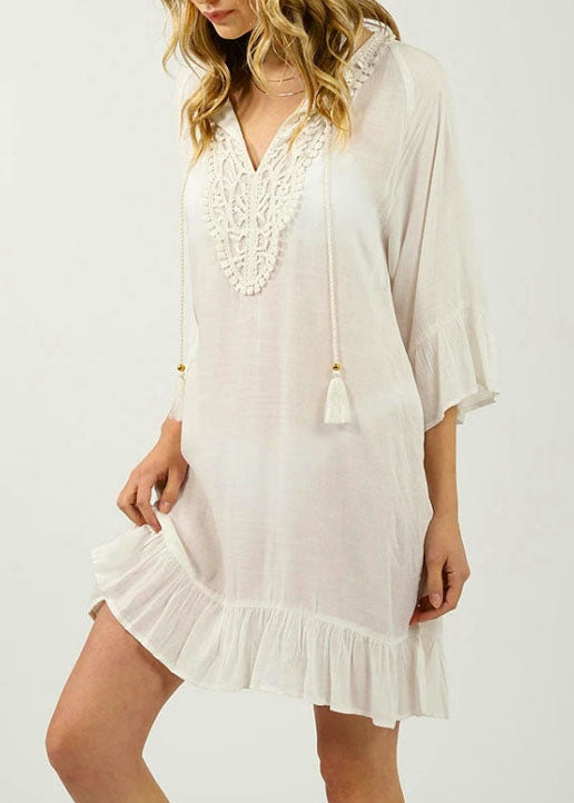 Loose White Patchwork Hollow Out Flare Sleeve Mini Dress Summer Cotton Dress